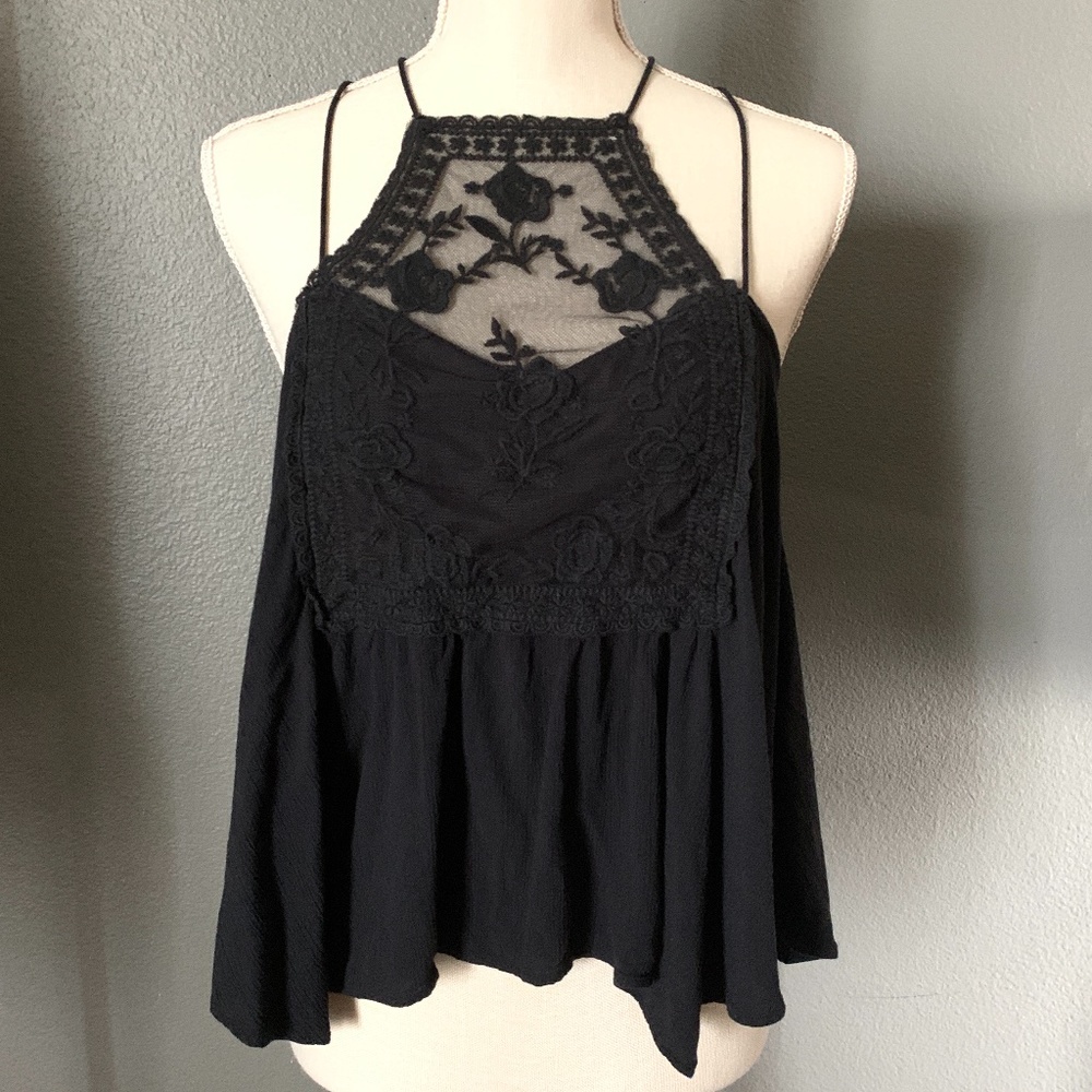 A&F Black Lace Strappy Floral Top